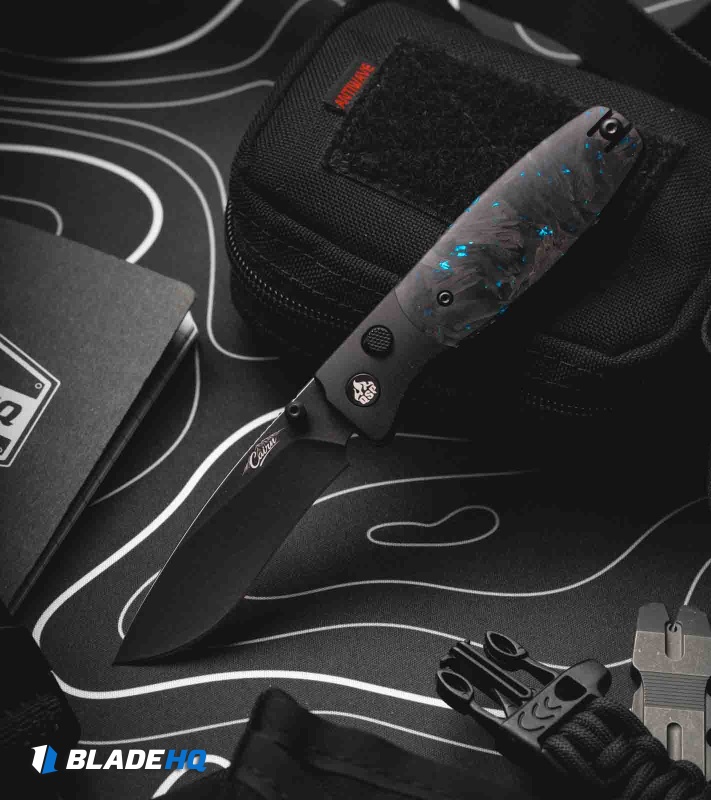 QSP Cairn Button Liner Lock Knife Blue Shredded CF (3.11" Black SW S90V)